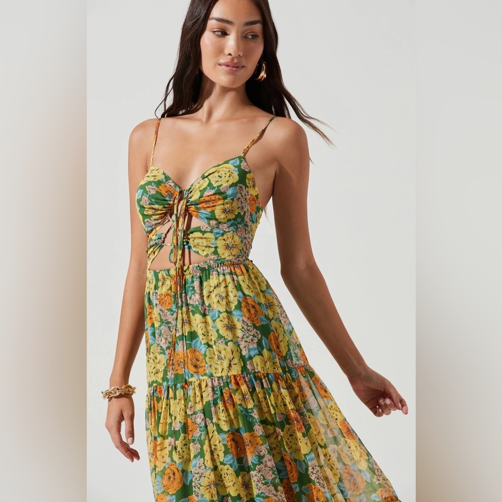 ASTR The Label Brandy Cut Out Floral Maxi Dress, Green and Yellow, M